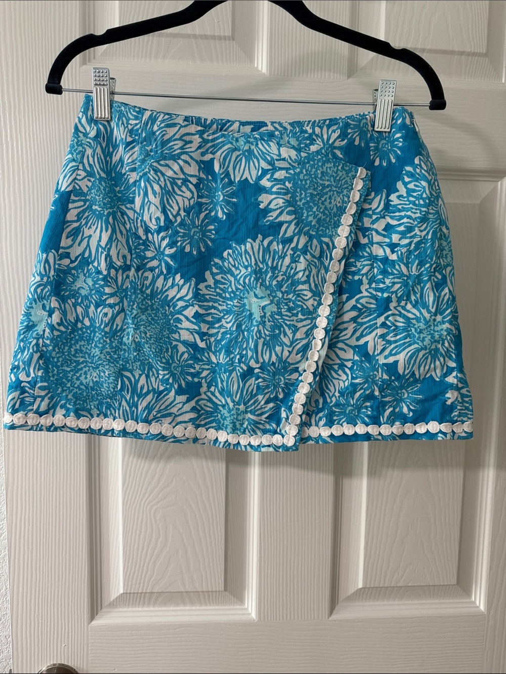 Lilly Pulitzer Turquoise Blue Floral Wrap Mini Skirt with White Trim